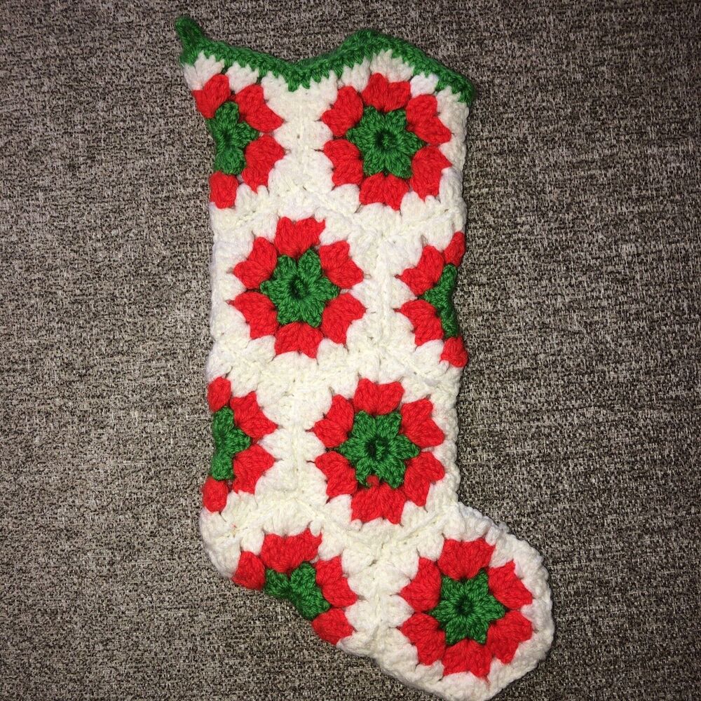 Vintage Handmade Christmas Stocking Granny Square Crochet Green Red White